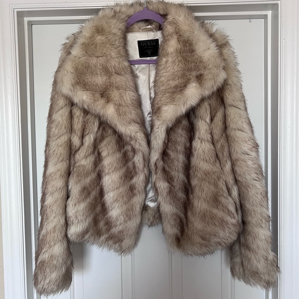 Guess Faux Fur Teddy Coat in Taupe and Cream Blend